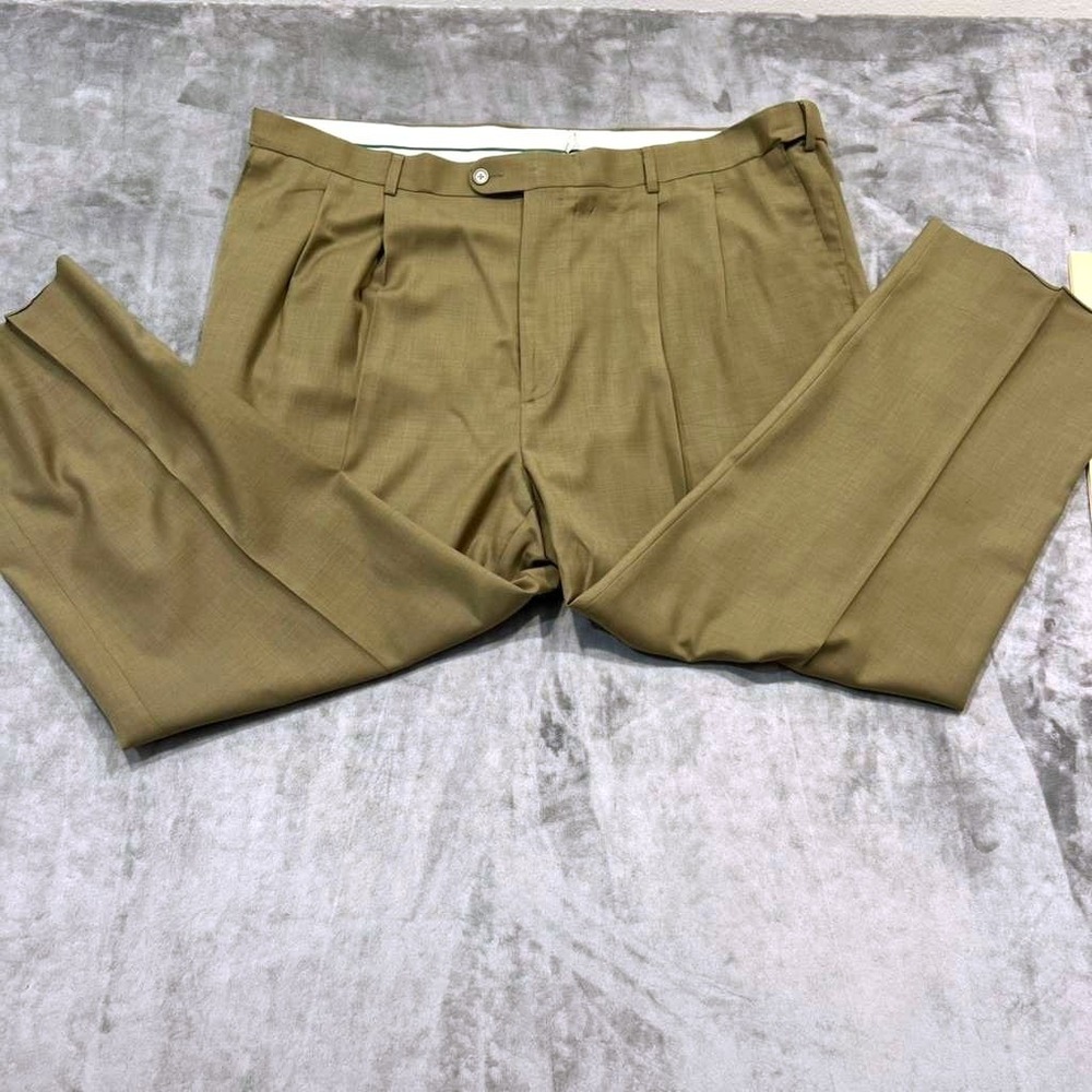Greg Peters Men's Dress Pants 44 Tan Khaki Double Pleat Wool Blend Straight Leg